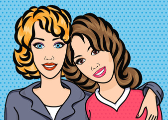 Married lesbian couple smile and hug, vector illustration in pop art comic style. Happy gay family hugs - businesswoman and housewife.