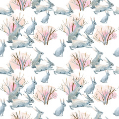 Rabbit in winter. Watercolor seamless pattern
