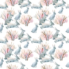 Peel and stick wall murals Rabbit Rabbit in winter. Watercolor seamless pattern
