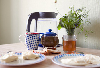  two plates    with  omelets and tea