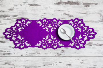Enamel Plate, Spoon and a Decorative Purple Runner Table Set Up