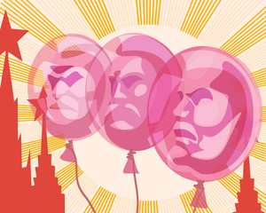 Balloons with the portraits of Lenin, Marx and Engels on the background of the sun and the Red square depicted in the style of Soviet poster. Satire, parody, vector illustration.