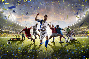 Collage adult children soccer players in action on stadium panorama