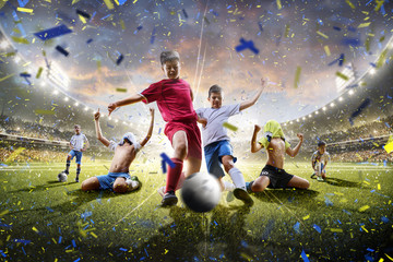 Collage childrens soccer players in action on stadium panorama