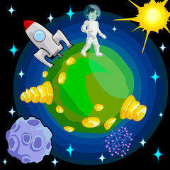 Astronaut landing on an unknown planet. Cartoon vector illustration.