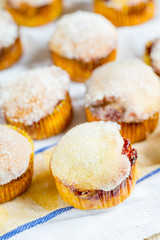 Tasty Vanilla Muffins with Strawberry Jam and Sugar Topping, English Breakfast Time