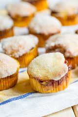 Tasty Vanilla Muffins with Strawberry Jam and Sugar Topping, English Breakfast Time