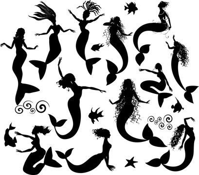 Set of silhouettes of mermaids and fishes 
