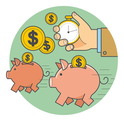 Векторная иллюстрация в стиле линейный флэт дизайн: быстрые деньги, бегущая свинья копилка с монетами, рука с секундомером отмеряет время.
