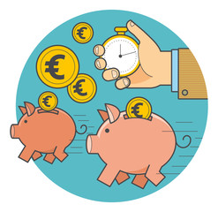 Векторная иллюстрация в стиле линейный флэт дизайн: быстрые деньги, бегущая свинья копилка с монетами, рука с секундомером отмеряет время.