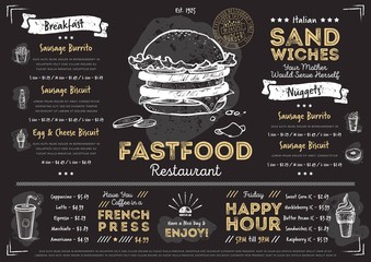 Restaurant fast food cafe menu template flyer vintage design vector illustration - obrazy, fototapety, plakaty