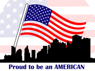 Conceptual illustration of patriotic American symbols with american flag, Manhattan silhouette and "Proud to be an American" inscription.