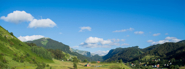 Fototapeta na wymiar Green field with mountains in background