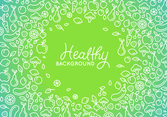 Vector design template with line icons - healthy background - motivational and inspirational poster or card for health and fitness centers, yoga studios, organic and vegetarian food stores