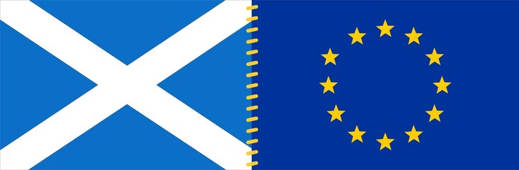 Flags of Scotland and European Union are Connected by Threads: Scotland Wants to Remain in EU following Brexit Referendum (Concept)