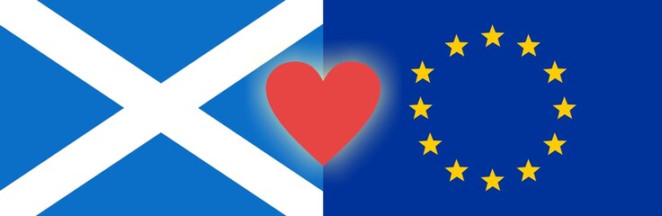 Flags of Scotland and European Union are Connected by Red Heart: Scotland Wants to Remain in EU following Brexit Referendum (Concept)