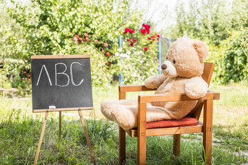 Teddy bear with written letters on blackboard outdoors. Education concept. Back to school