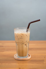 Iced coffee on wood table