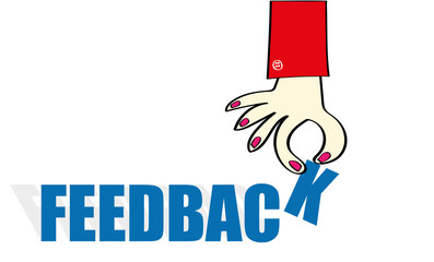Female hand inserting the last letter of the word Feedback in blue text on a white background for copy space