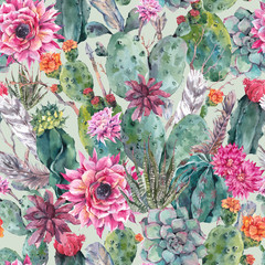 Obrazy na Szkle  Cactus watercolor seamless pattern in boho style. 