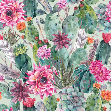 Cactus watercolor seamless pattern in boho style. 