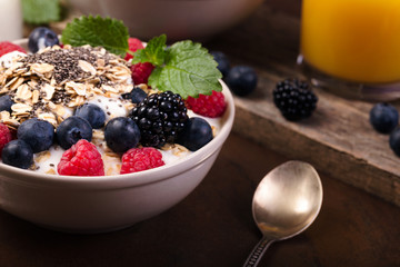 Bowl of berries with oatmeal and chia