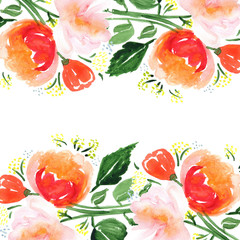 Card with hand drawn watercolor abstract flowers on a white background