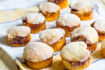 Tasty Vanilla Muffins with Strawberry Jam and Sugar Topping, English Breakfast Time