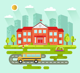 Fototapeta na wymiar Vector flat style illustration of City landscape with school building. Including bus, kids playground, road, sun, clouds, trees. Education concept. The Knowledge day.