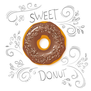 vector illustration of realistic isolated sweet donut on top view with hand drawn curly leaves and branches