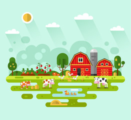 Flat design vector rural landscape illustration with farm building, barn, garden, beds of carrots, tomatoes, pumpkin, cows, ducks, chickens. Farming, agricultural, organic products concept.