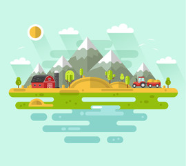 Flat design vector rural landscape illustration with farm building, barn, tractor, field, mountains, waterside, river. Farming, agricultural, organic products concept.
