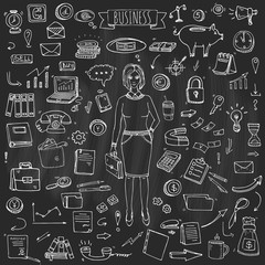 Hand drawn doodle Business set. Vector illustration. Finance and communication icons. Economic charts symbols collection. Freehand elements: money, telephone, laptop, bag, arrow, clock. Business lady.