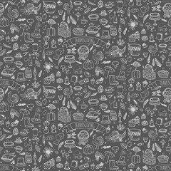 Seamless background. Hand drawn doodle Thanksgiving icons. Vector illustration autumn symbols collection. Cartoon various celebration elements: turkey, hat, cranberry, vegetables, pumpkin pie, leaves