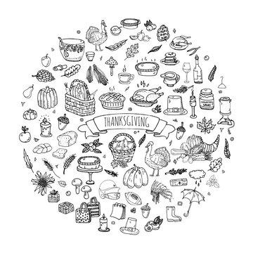 Hand drawn doodle Thanksgiving icons set. Vector illustration autumn symbols collection. Cartoon celebration elements: turkey, hat, cranberry, vegetables, pumpkin pie, leaves, cornucopia, basket. 