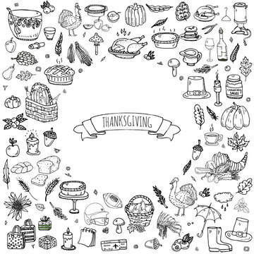 Hand drawn doodle Thanksgiving icons set. Vector illustration autumn symbols collection. Cartoon celebration elements: turkey, hat, cranberry, vegetables, pumpkin pie, leaves, cornucopia, basket. 