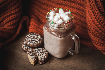 Glass Cup with cocoa and marshmallows, chocolate chip cookies and orange scarf