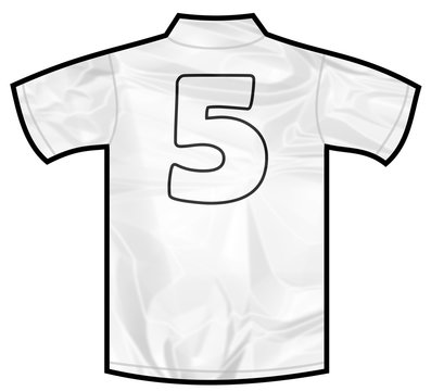 Number 5 five white sport shirt as a soccer,hockey,basket,rugby, baseball, volley or football team t-shirt. Like German or England or USA national team
