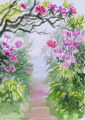 Watercolor painting of a beautiful misty rhododendron alley on textured paper