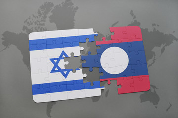 puzzle with the national flag of israel and laos on a world map background.