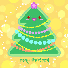 Christmas Card with Christmas Tree in Kawaii style