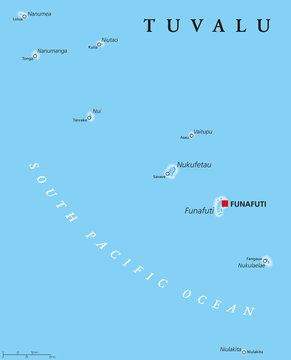 Tuvalu political map with capital Funafuti and important villages. Formerly known as the Ellice Islands, a Polynesian island nation in the Pacific Ocean, comprises reefs and atolls. English labeling.