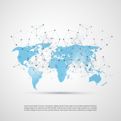 Blue Cloud Computing and Networks Concept with World Map - Global Digital Network Connections, Technology Background, Creative Design Template with Transparent Geometric Wire Mesh