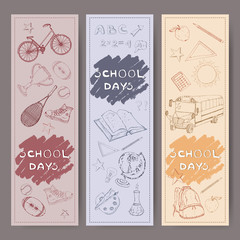 Three banners with school related hand drawn sketches.