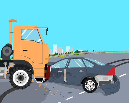 The driver did not have time to slow down and the car crashed into a truck. Vector illustration