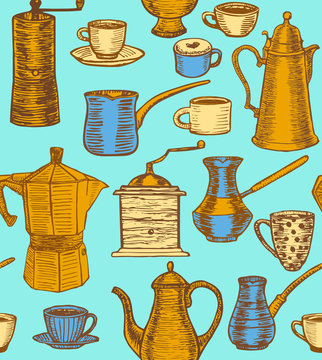 vector hand-drawn coffee colorful background with coffee pots cups cesves grinders