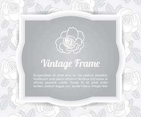Grey flower card template label on gray rose shape pattern background, vintage design frame border