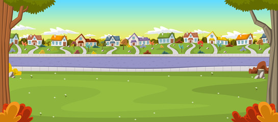 Colorful houses in suburb neighborhood. Green park landscape with grass, trees, flowers and clouds.
