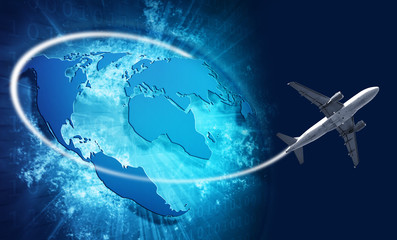 Fototapeta na wymiar Blue vivid image of globe and travel airplane
