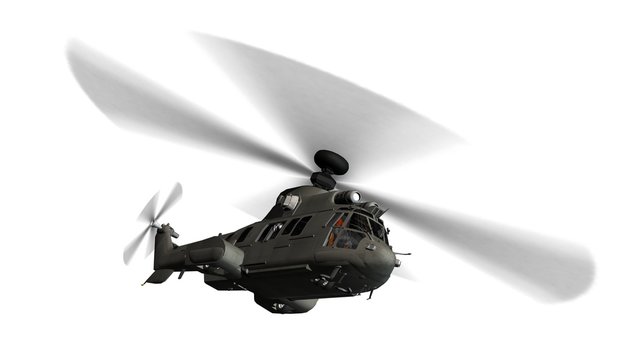 Military Helicopter In Flight Isolated On White